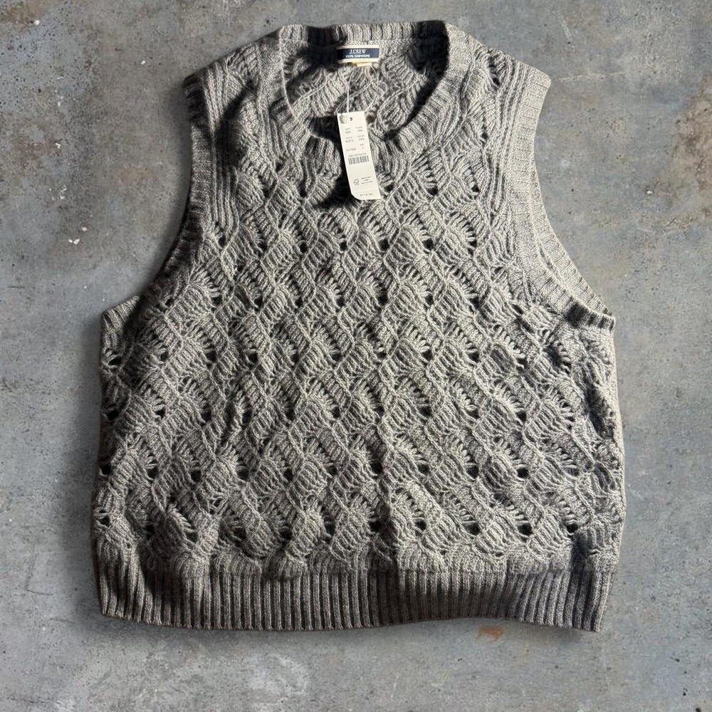 J.Crew Womens Gray 100% Cashmere Diamond Lace Knit Vest BJ575 Size Large NEW